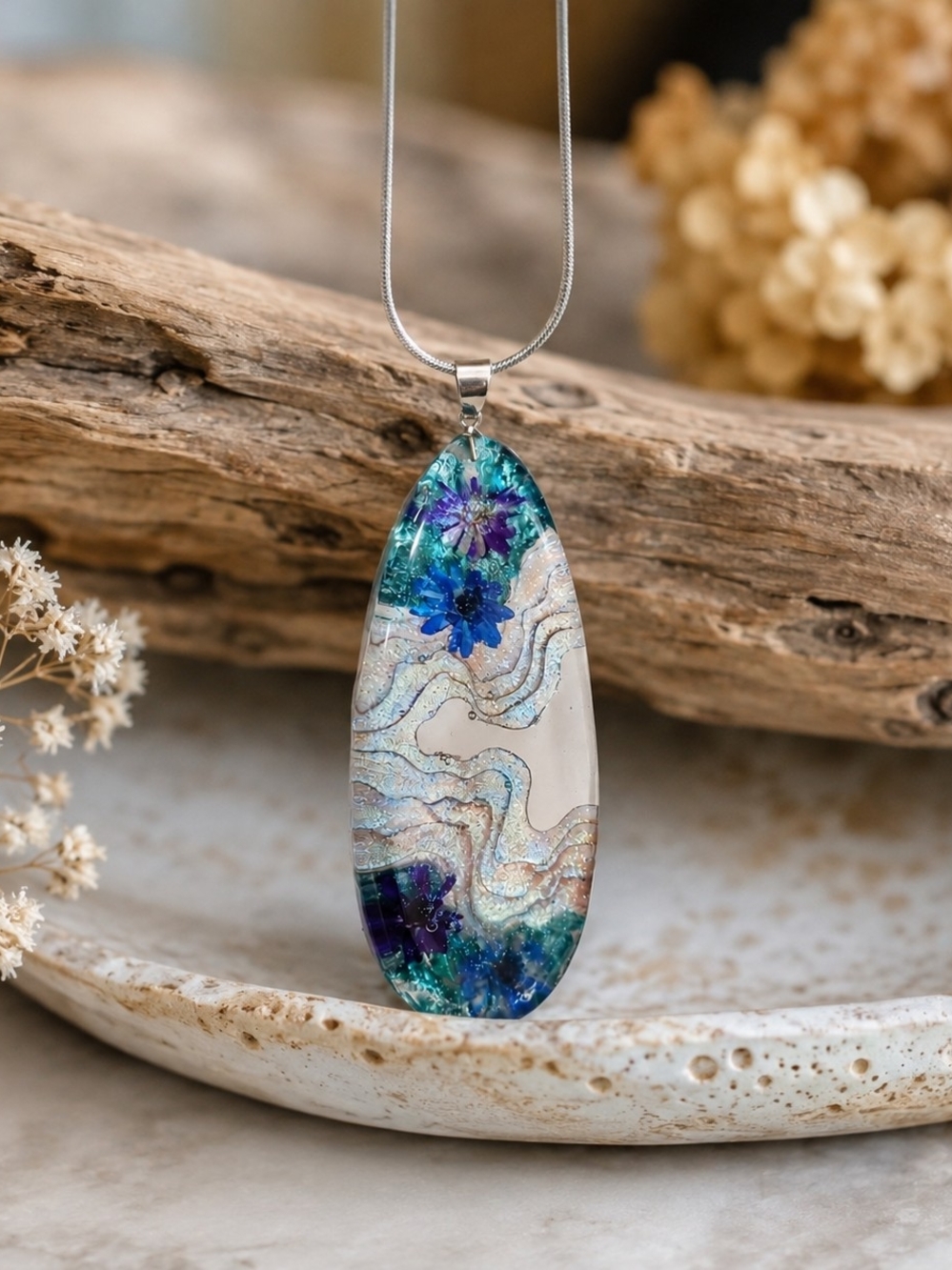 Blue & Teal And Purple Floral Pendant Necklace